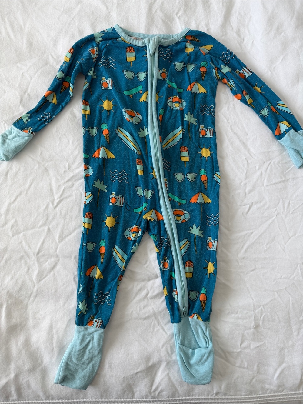 Little Sleepies Blue Beach Print Zip-Up Sleeper One-Piece Pajamas